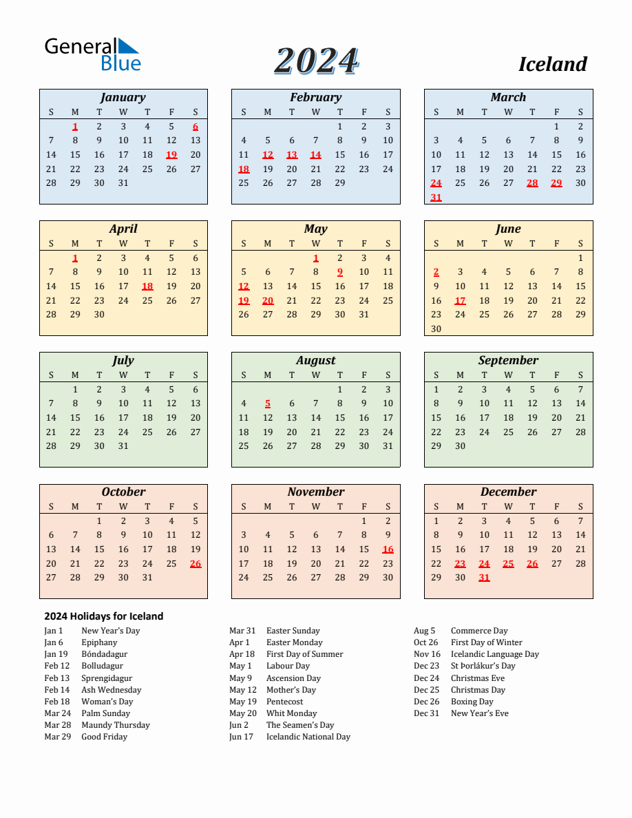 2024 Iceland Calendar with Sunday Start
