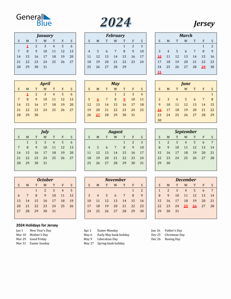 2024 Jersey Calendar with Sunday Start