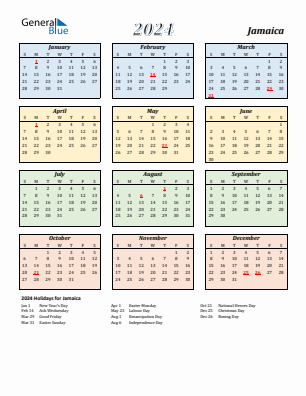Jamaica current year calendar 2024 with holidays