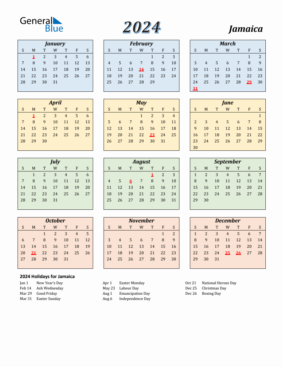 2024 Jamaica Calendar with Sunday Start