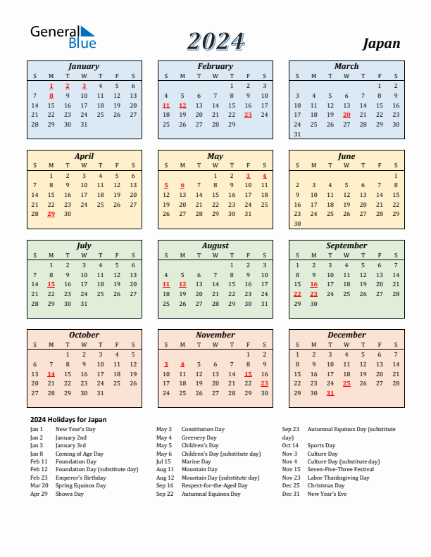 Japan Calendar 2024 with Sunday Start