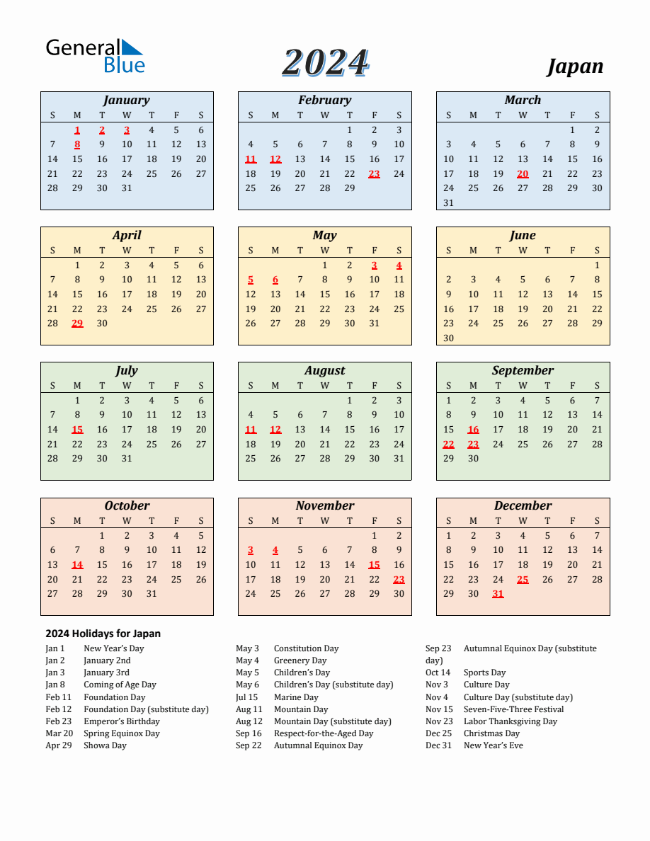 2024 Japan Calendar with Sunday Start