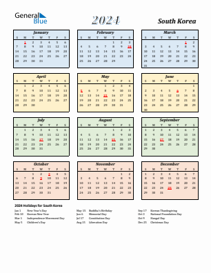South Korea current year calendar 2024 with holidays