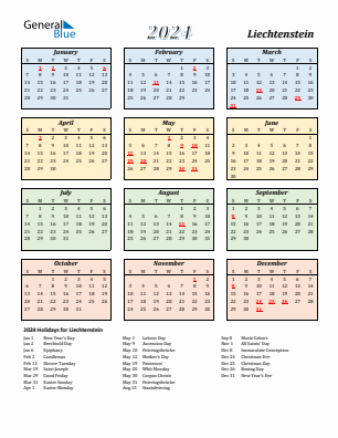 Liechtenstein current year calendar 2024 with holidays