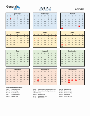 Latvia current year calendar 2024 with holidays