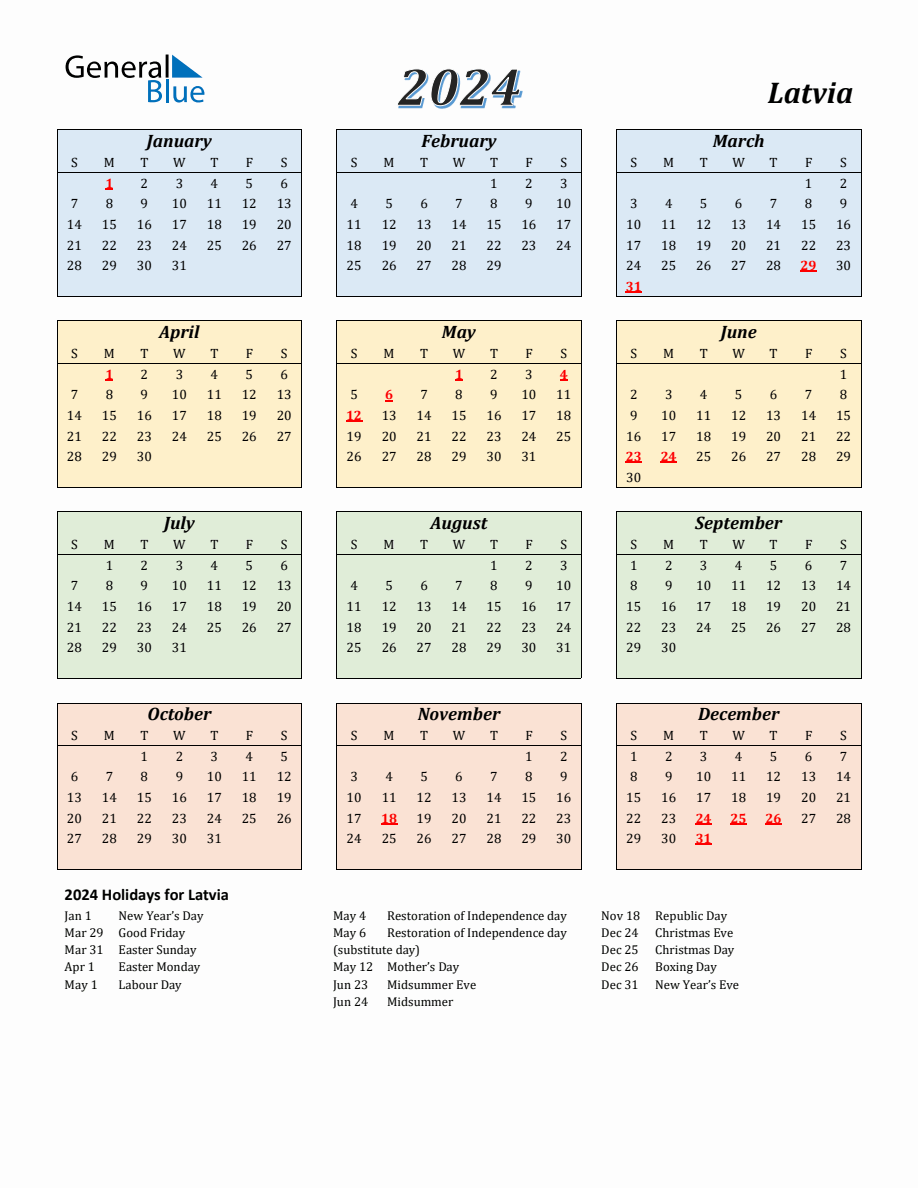 2024 Latvia Calendar With Sunday Start   2024 Calendar Streamlined Colored With Holidays Portrait Sunday Start En Lv 918x1188 