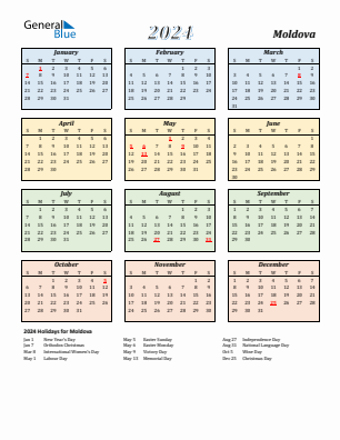 Moldova current year calendar 2024 with holidays