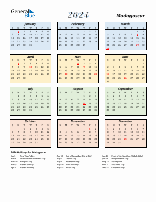 Madagascar current year calendar 2024 with holidays