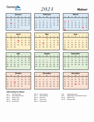 Malawi current year calendar 2024 with holidays