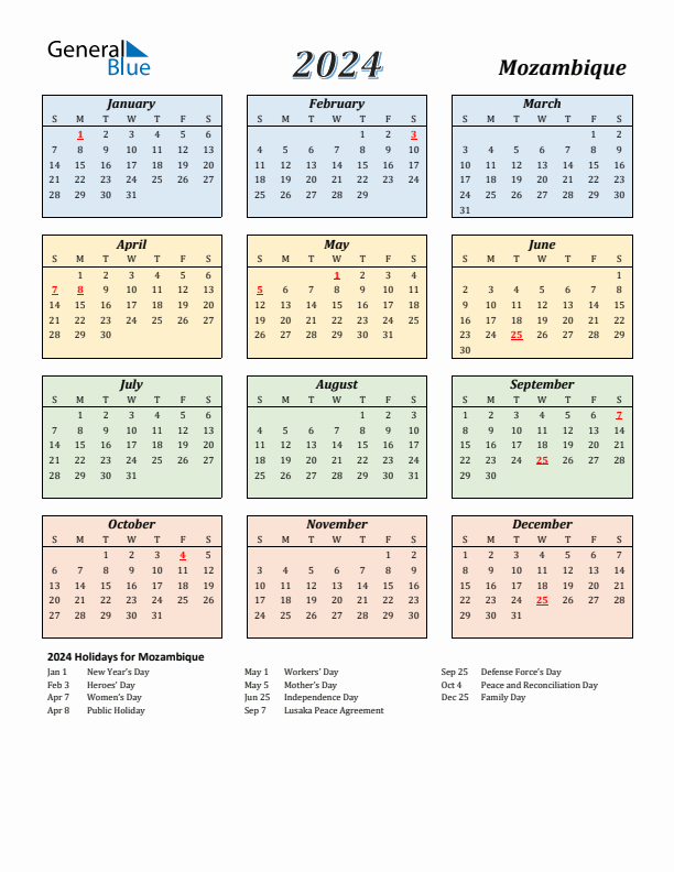 Mozambique Calendar 2024 with Sunday Start