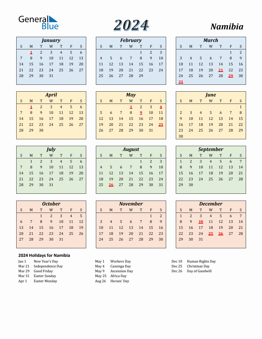 2024 Namibia Calendar with Sunday Start