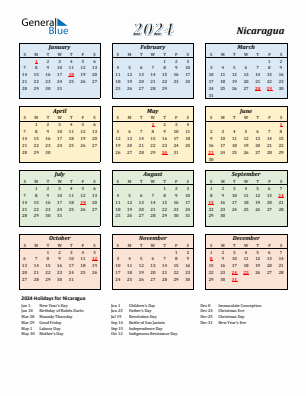 Nicaragua current year calendar 2024 with holidays