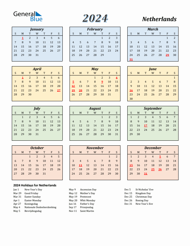 Netherlands Calendar 2024 with Sunday Start
