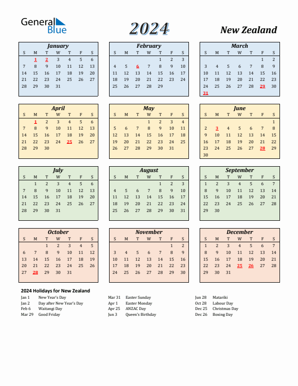 New Zealand Calendar 2024 with Sunday Start