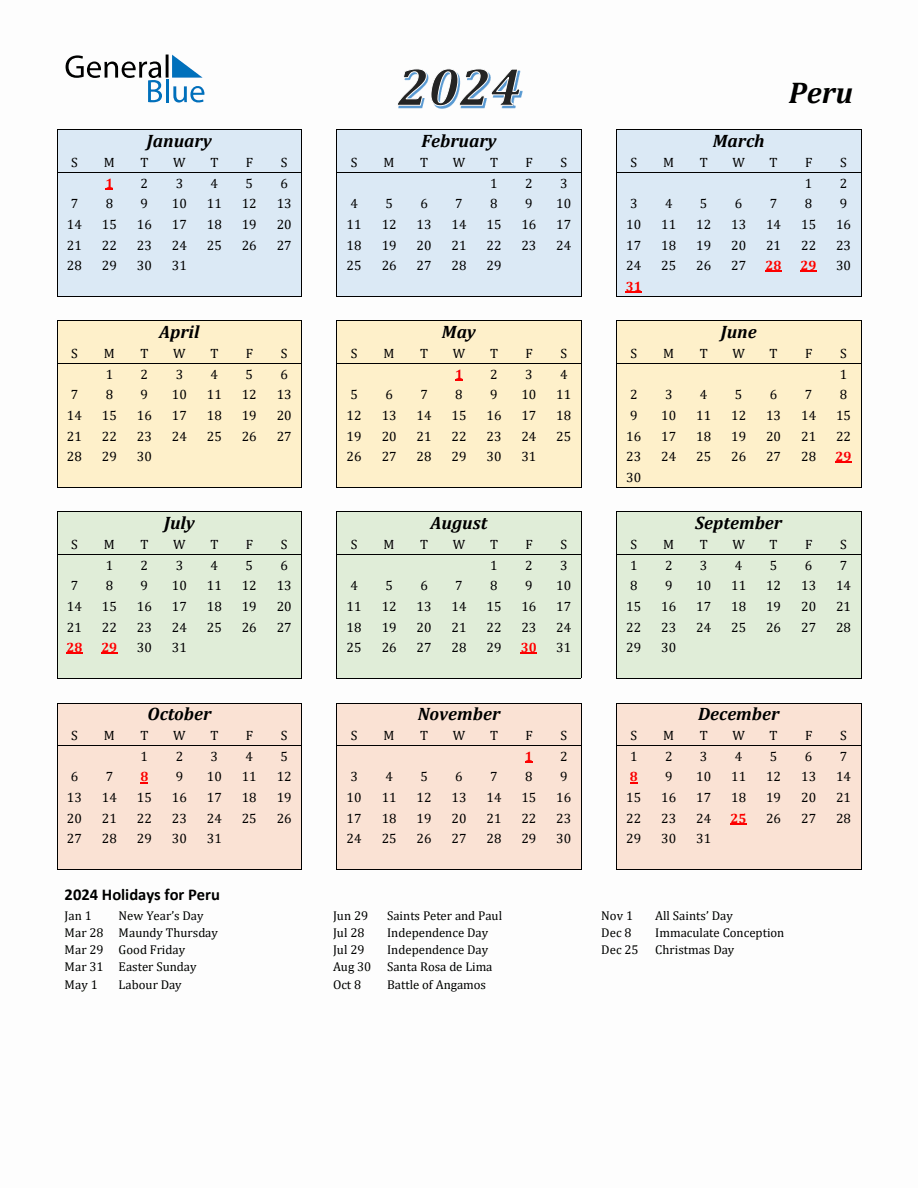 2024 Peru Calendar With Sunday Start   2024 Calendar Streamlined Colored With Holidays Portrait Sunday Start En Pe 918x1188 