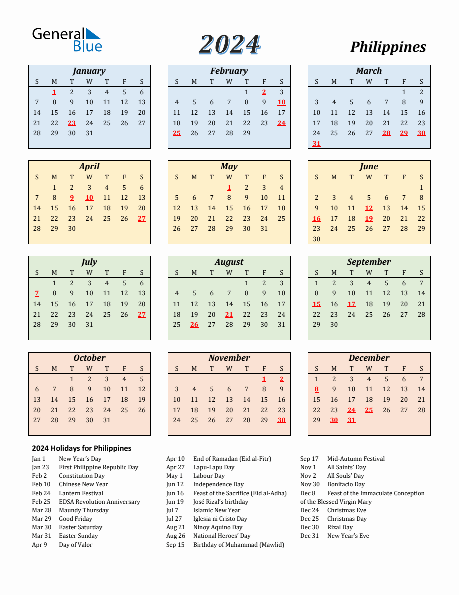 2024 Philippines Calendar with Sunday Start