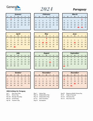 Paraguay current year calendar 2024 with holidays