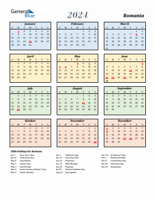 Romania current year calendar 2024 with holidays
