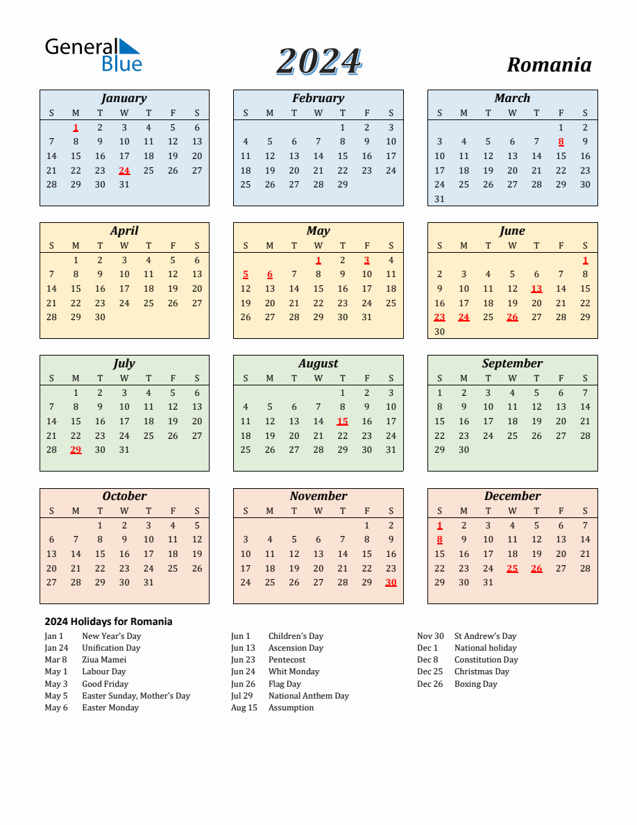 2024 Romania Calendar With Sunday Start   2024 Calendar Streamlined Colored With Holidays Portrait Sunday Start En Ro 918x1188 