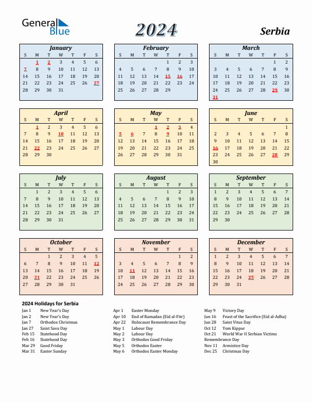 Serbia Calendar 2024 with Sunday Start