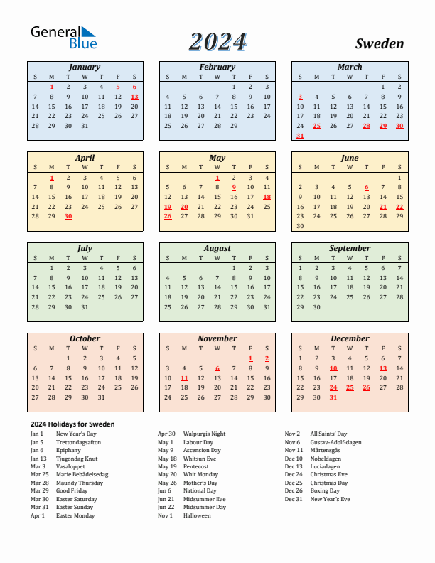 Sweden Calendar 2024 with Sunday Start