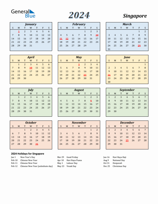 Singapore Calendar 2024 with Sunday Start