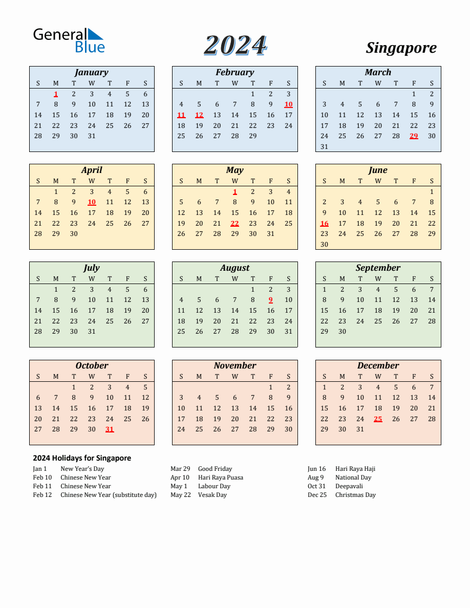 2024 Singapore Calendar with Sunday Start