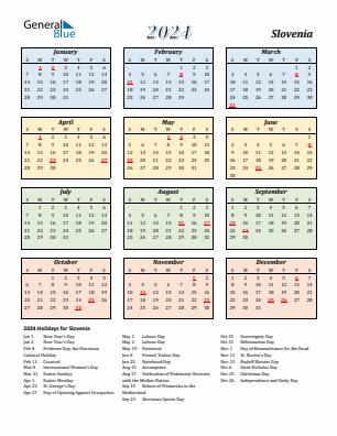 Slovenia current year calendar 2024 with holidays