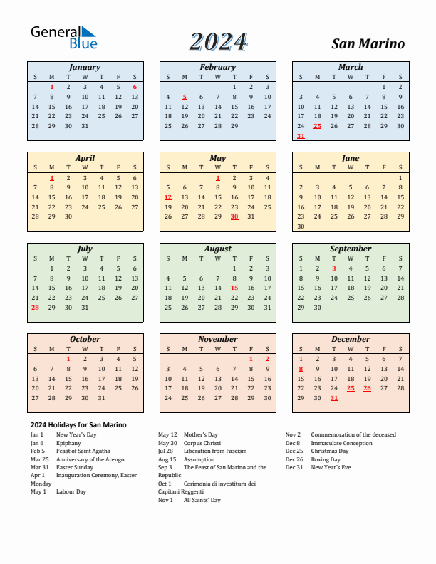 San Marino Calendar 2024 with Sunday Start