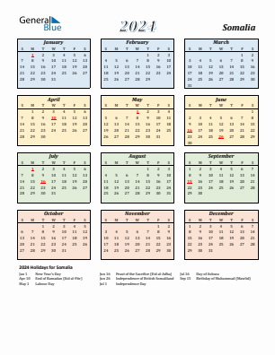 Somalia current year calendar 2024 with holidays
