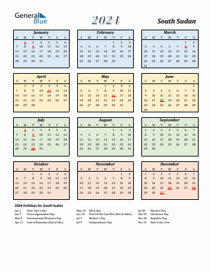 South Sudan current year calendar 2024 with holidays