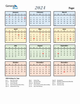 Togo current year calendar 2024 with holidays
