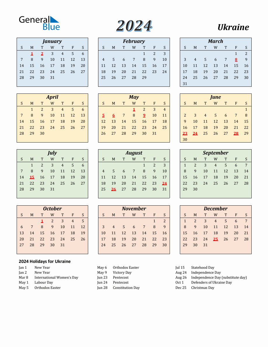 2024 Ukraine Calendar with Sunday Start