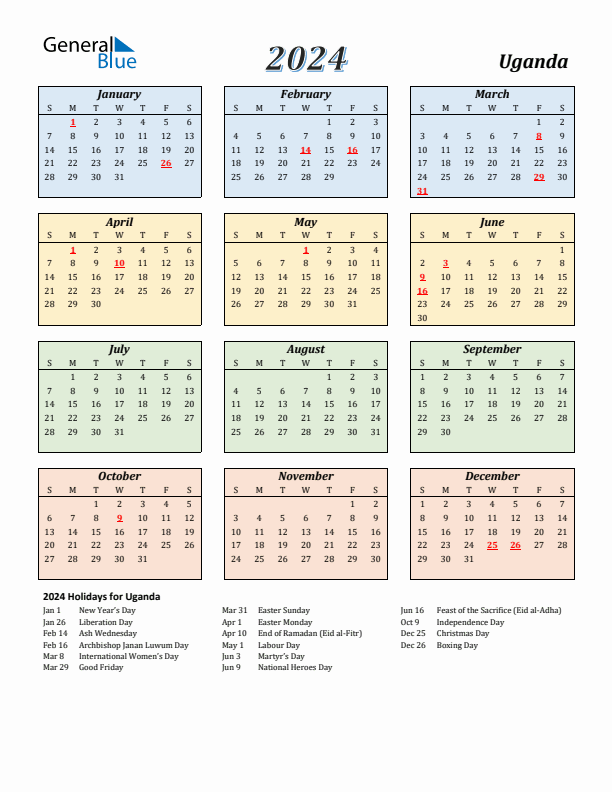 Uganda Calendar 2024 with Sunday Start