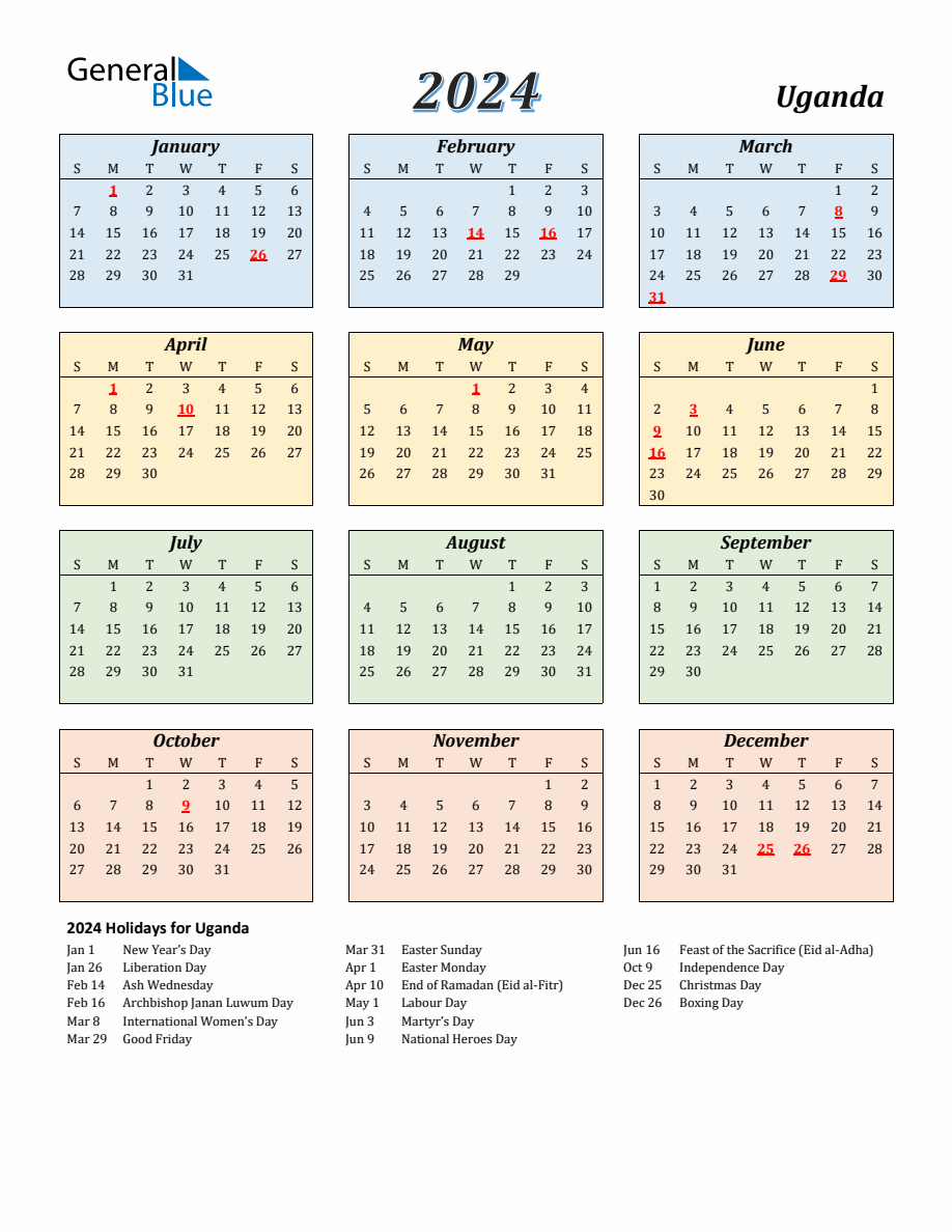 2024 Uganda Calendar with Sunday Start