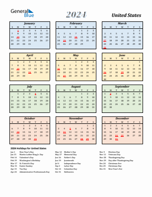 United States current year calendar 2024 with holidays