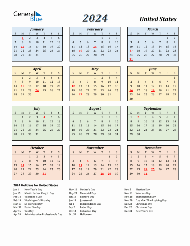 United States Calendar 2024 with Sunday Start