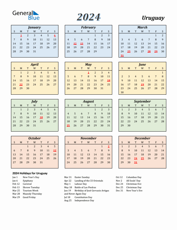 Uruguay Calendar 2024 with Sunday Start