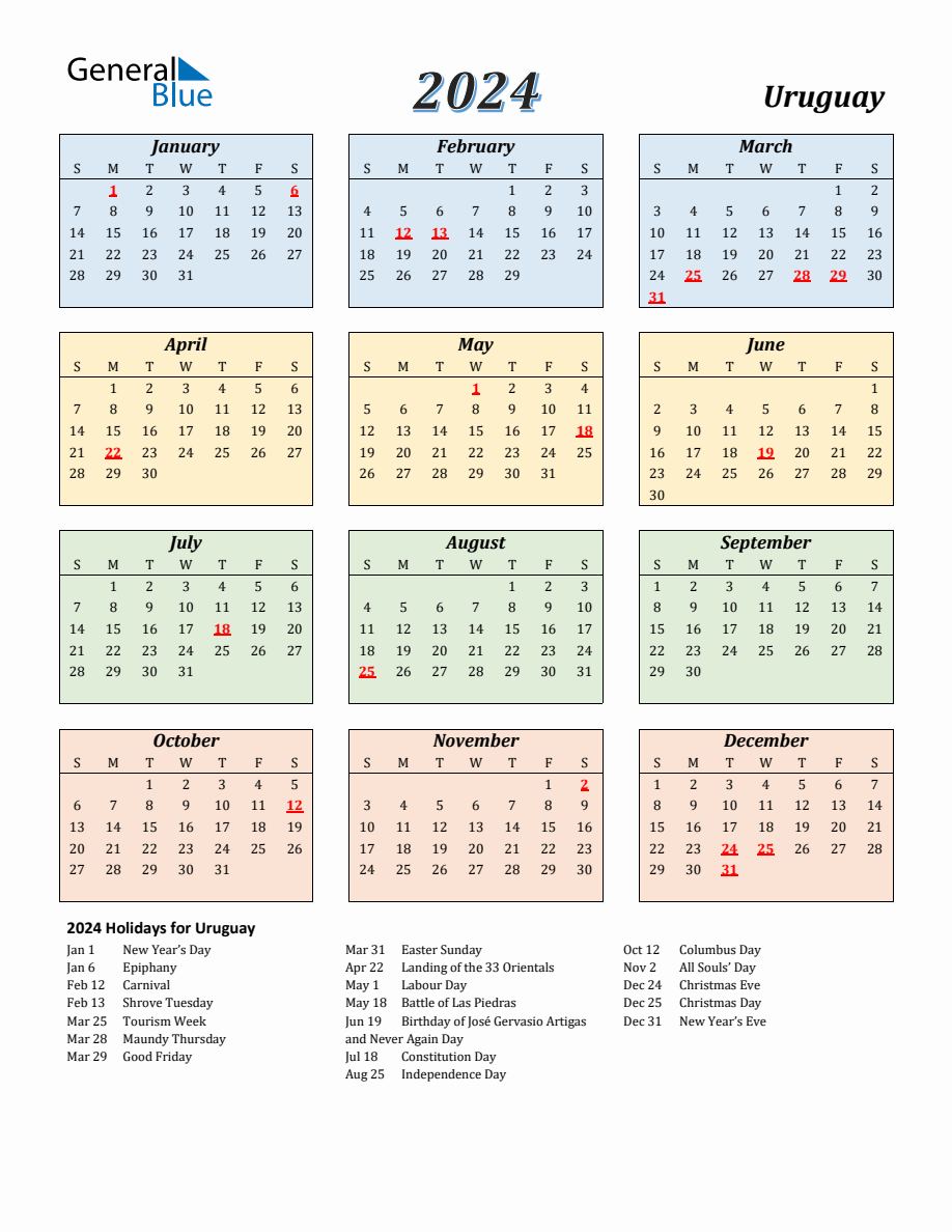 2024 Uruguay Calendar with Sunday Start