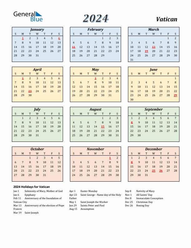 Vatican Calendar 2024 with Sunday Start