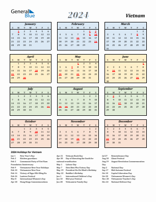 Vietnam current year calendar 2024 with holidays