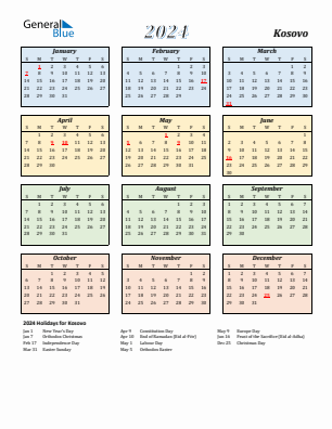Kosovo current year calendar 2024 with holidays