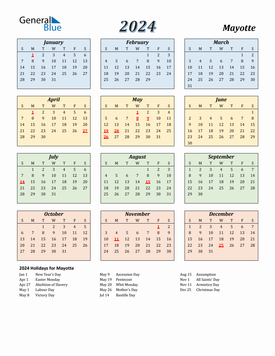 2024 Mayotte Calendar with Sunday Start