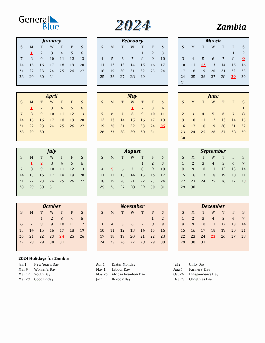 2024 Zambia Calendar with Sunday Start