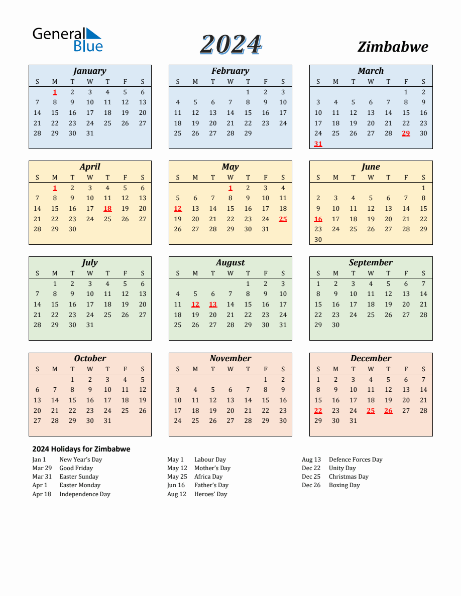 2024 Zimbabwe Calendar with Sunday Start