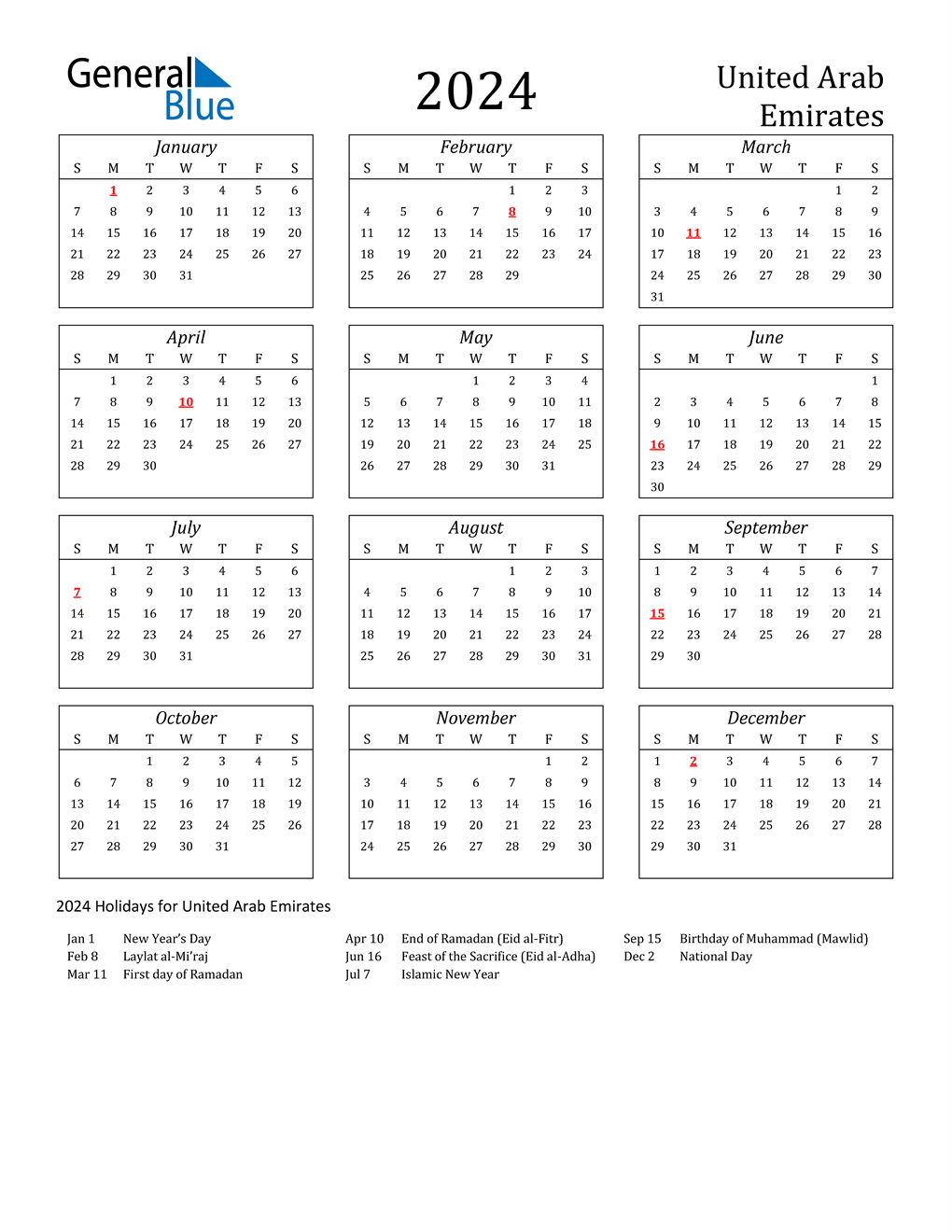 2024 United Arab Emirates Calendar with Holidays