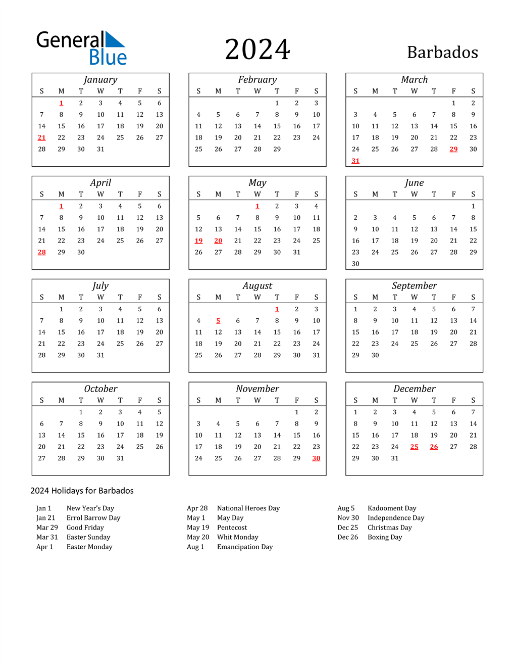 2024 Barbados Calendar with Holidays