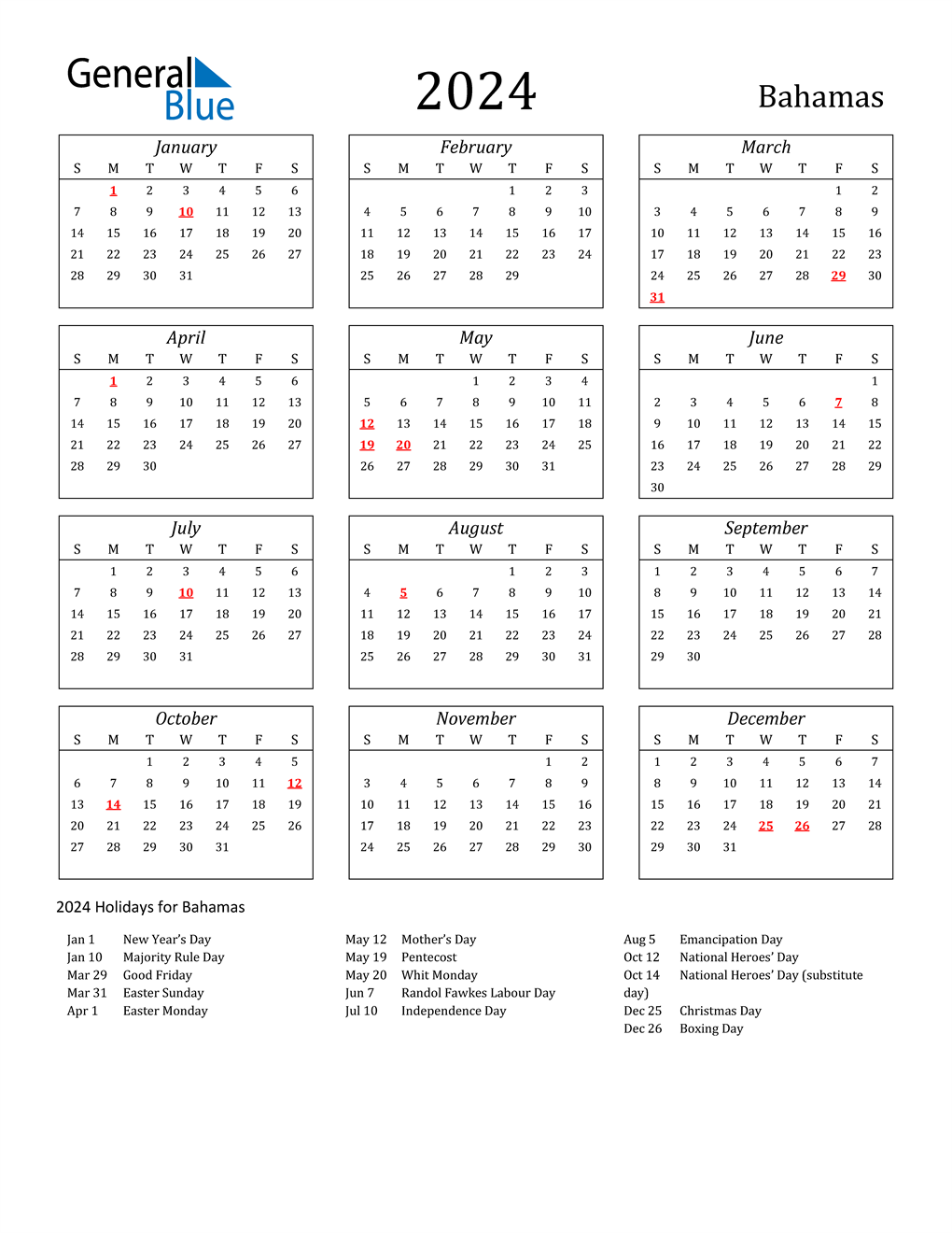 2024 Bahamas Calendar with Holidays