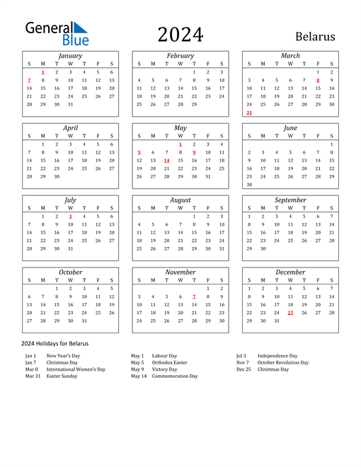 2024 Belarus Holiday Calendar