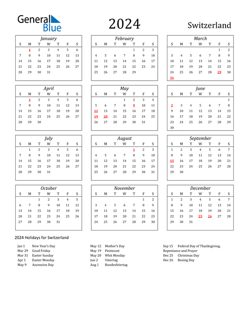 2024 Switzerland Calendar with Holidays